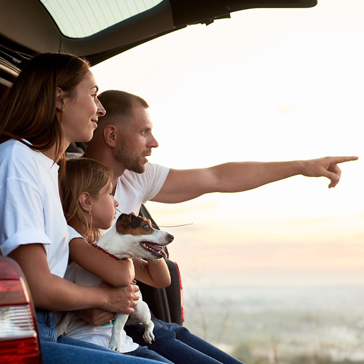Familie med barn og hund i bilen som ser ut mot solnedgangen – klare for reise og eventyr.