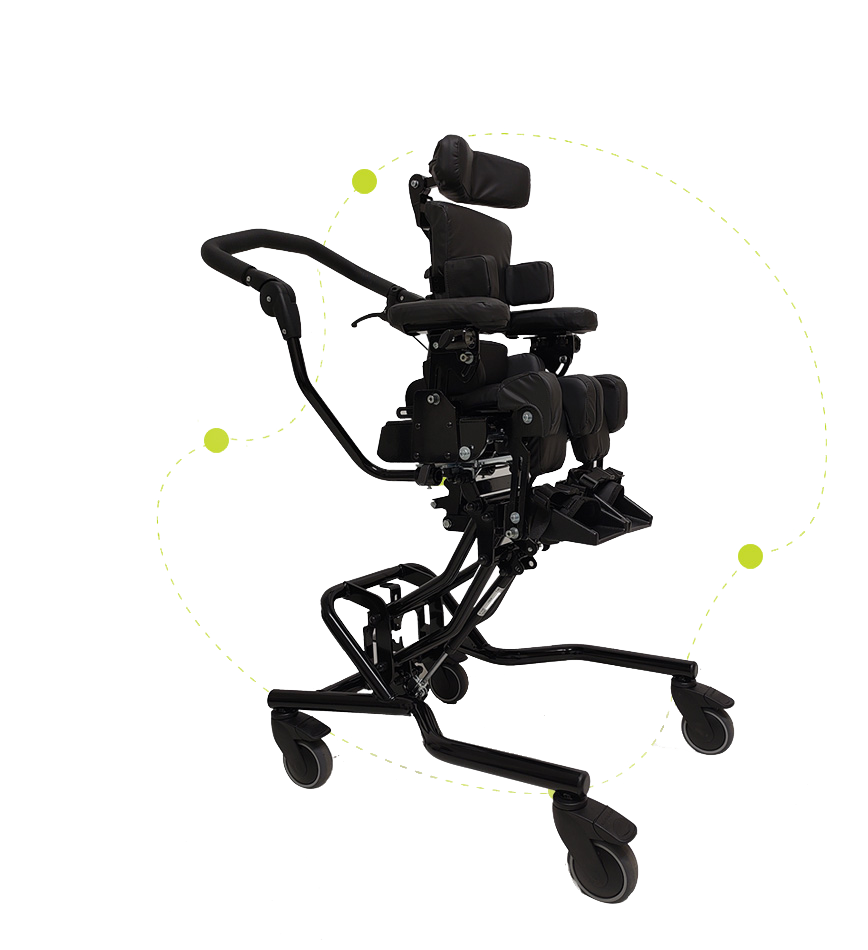 ODE sittesystem for barn med funksjonsnedsettelse på mobilt understell med tilt-i-rom, hodestøtte og individuell postural støtte – sidevisning