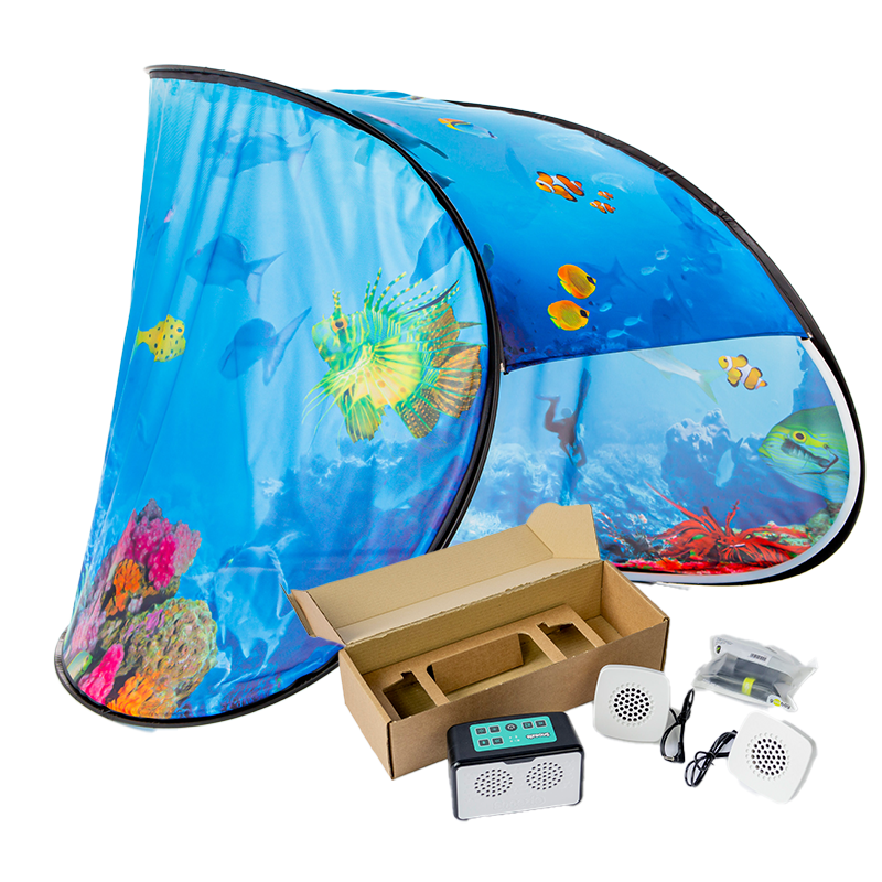 «Snoezle sansetelt med blå duk og styringsmodul med lys og lyd, klart til bruk.