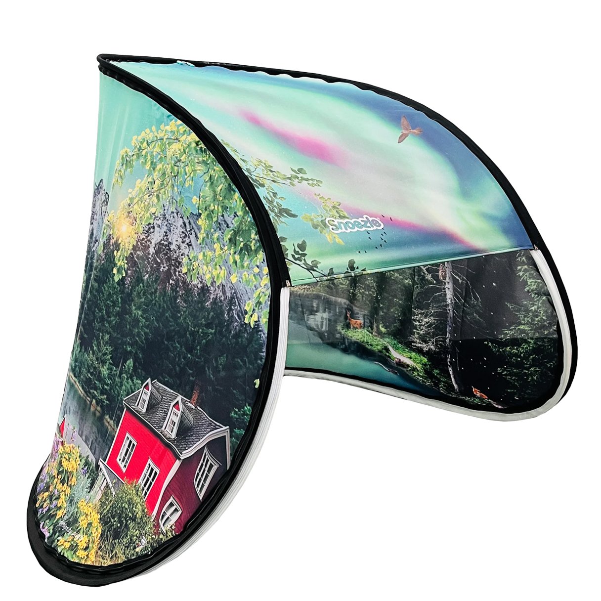 Snoezle teltduk med nordisk skogmotiv og rød hytte.