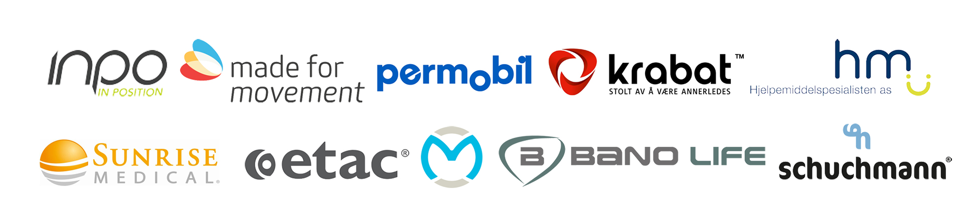 Logoene til flere leverandører av hjelpemidler, blant annet Inpo, Made for Movement, Permobil, Krabat, Hjelpemiddelspesialisten, Sunrise Medical, Etac, Bano Life, og Schuchmann